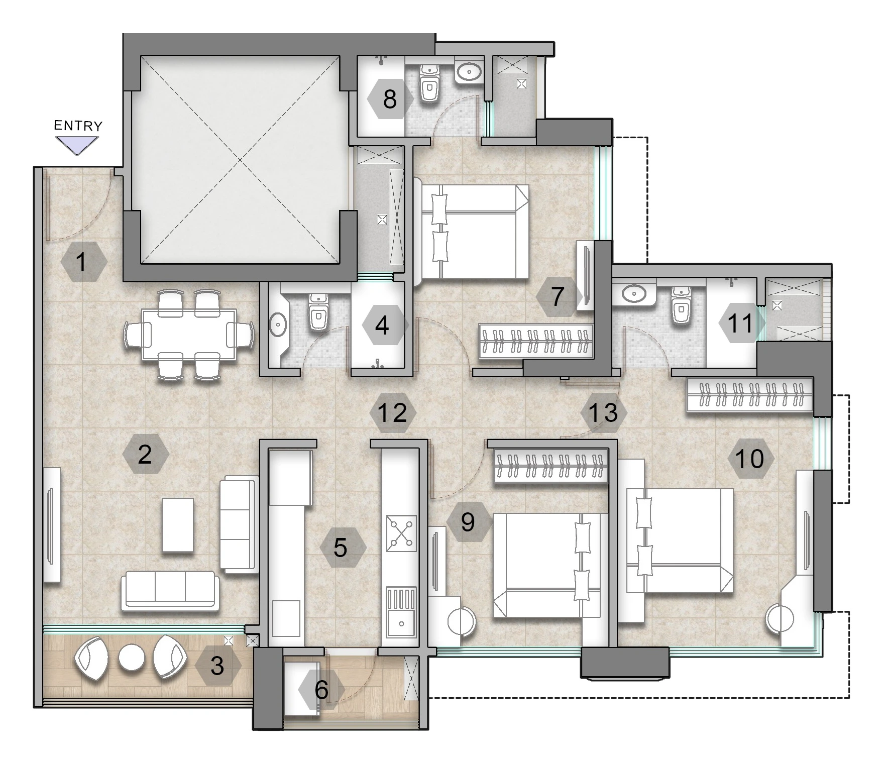Vaastu-compliant layout in 3, 4BHK apartment at The Address by GS, Raymond Realty Thane.